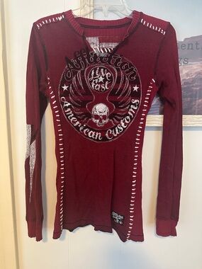 Size Small Affliction Reversible Thermal Long Sleeve Tee in Black and Burgundy